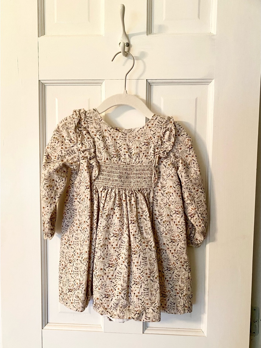 Smocked Floral Long-Sleeve Kids Dress - Cream